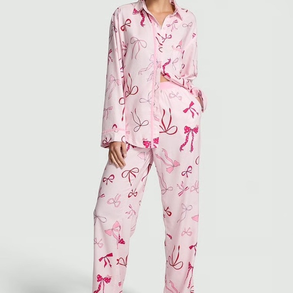 Victorias Secret PINK FLANNEL LONG PAJAMA SET Pink Tulip Bows SMALL SHORT NEW - Picture 1 of 5